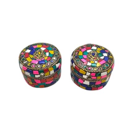 Pair of Decorative Steel Kumkum Boxes - Multi Color Mosaic - Brass Ganesha