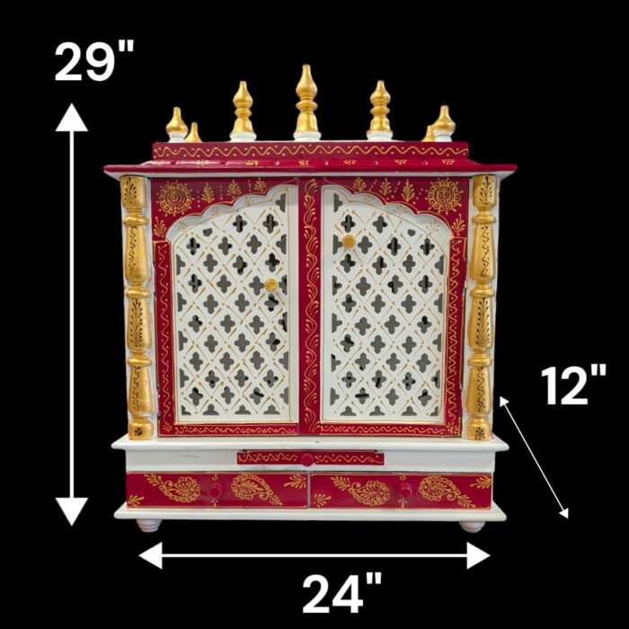 Wooden Mandir for Home | Rajasthani Red & Golden Hand-Painted with LED Lighting - 24 inch