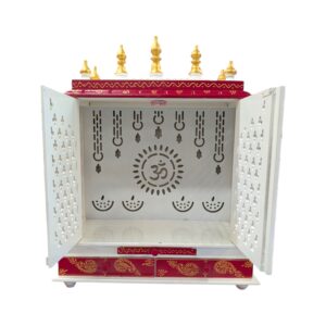 Wooden Mandir for Home | Rajasthani Red & Golden Hand-Painted with LED Lighting - 24 inch