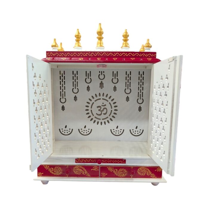Wooden Mandir for Home | Rajasthani Red & Golden Hand-Painted with LED Lighting - 24 inch
