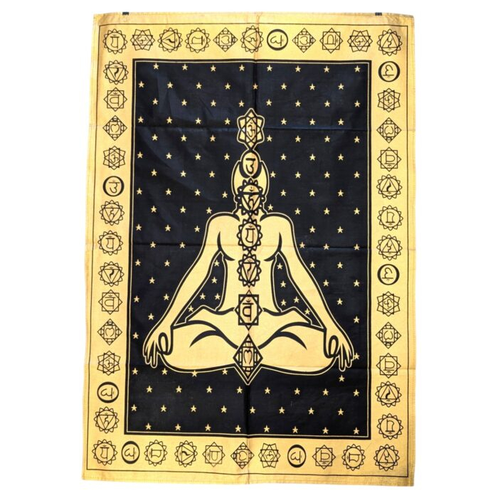 7 Chakras Tapestry | Meditation Room Tapestry | Black with Gold