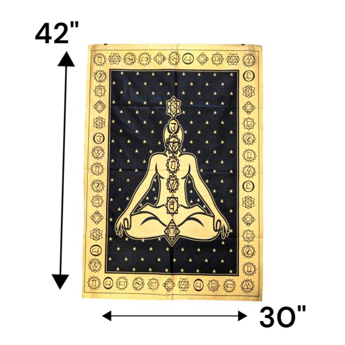 Dimensions of 7 Chakra Meditation Tapestry | Black with Gold