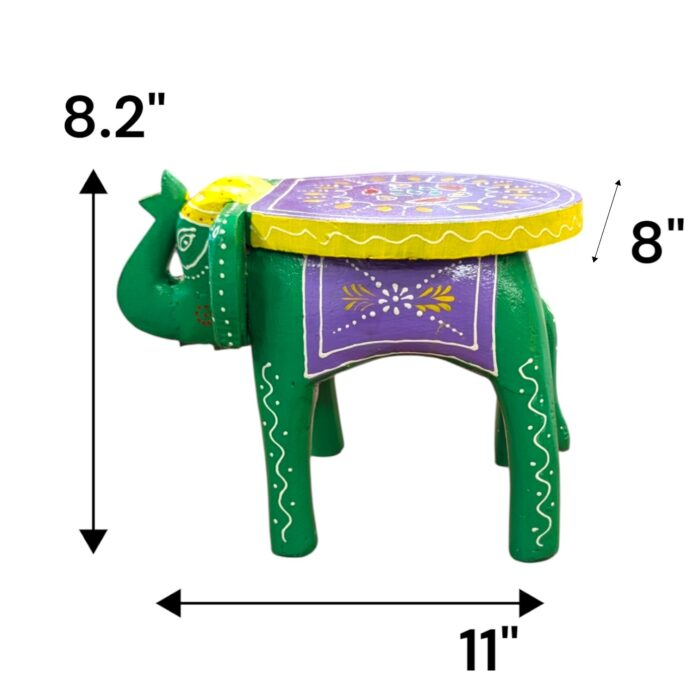 Hand Painted Elephant Wooden Stool Showpiece - Green - Image 2