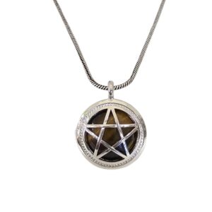 Tiger Eye stone encased in Pentagram pendant necklace oxidized chain