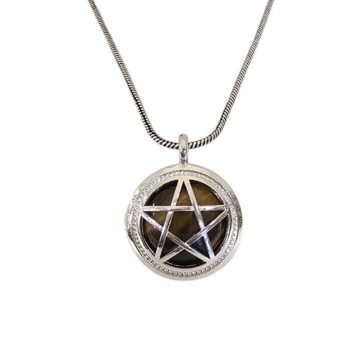 Tiger Eye stone encased in Pentagram pendant necklace oxidized chain