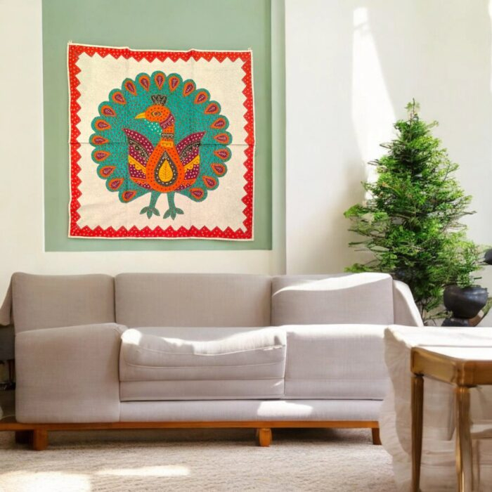 Cotton Tapestry Peacock Vintage Embroidery - Green - Image 2