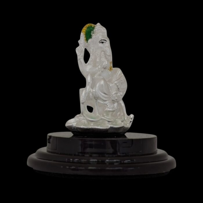 Side view of Pure silver Ganesha Idol on Lotus | Ganpati Car Dashboard Statue