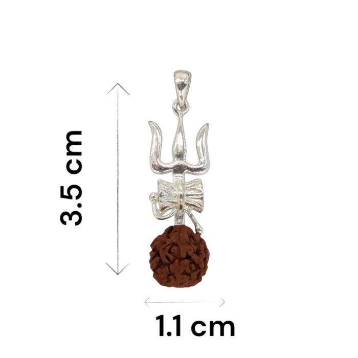 Dimensions of the sterling silver Pendant with Shiva Trishul, Damru and natural rudraksha