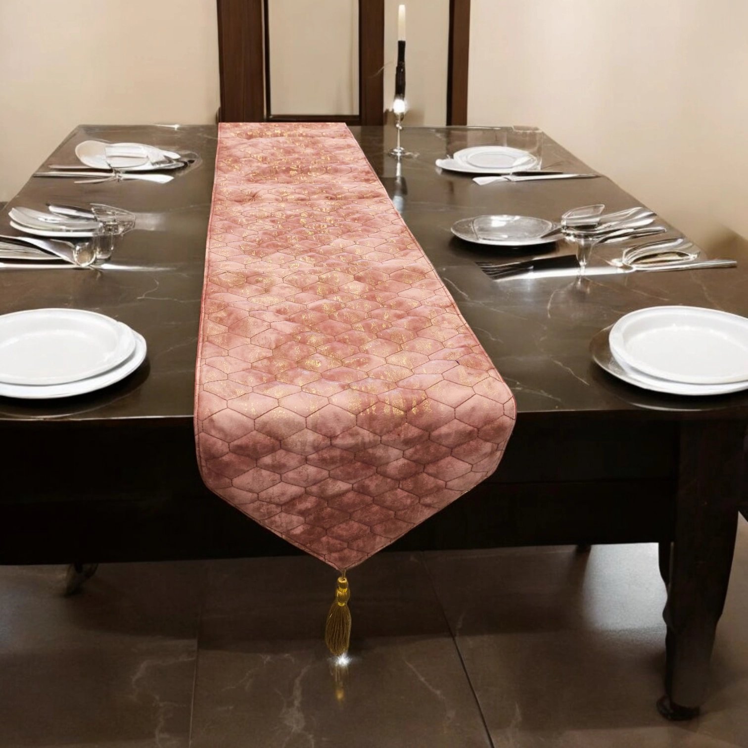 Luxurious Table runner | Padded with Peach and Gold hues