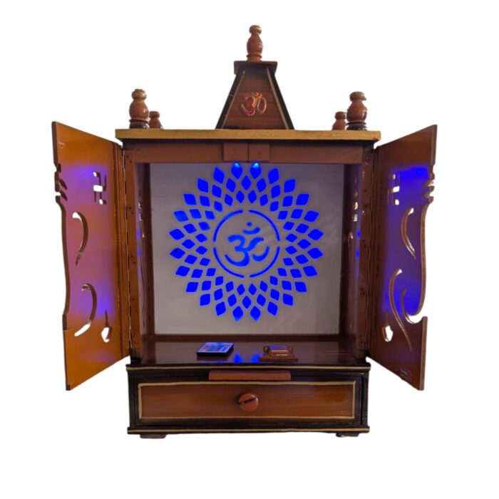 Wooden Home temple with doors | Puja Mandir with Led Backlit Panel