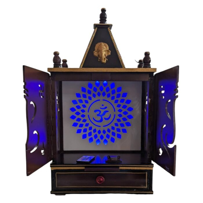 Wooden Home temple with doors | Puja Mandir with Led Backlit Panel