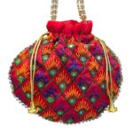 Close up of Handmade Embroidered Potli Bag - Red