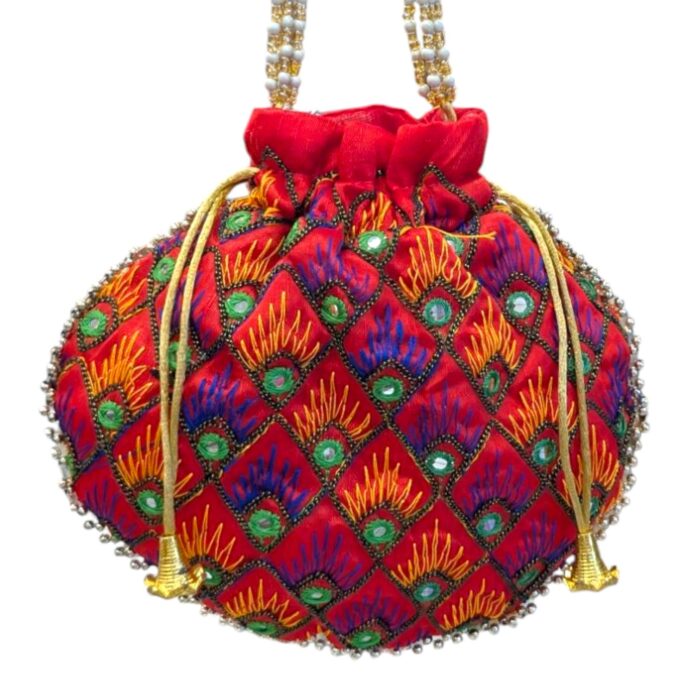 Close up of Handmade Embroidered Potli Bag - Red