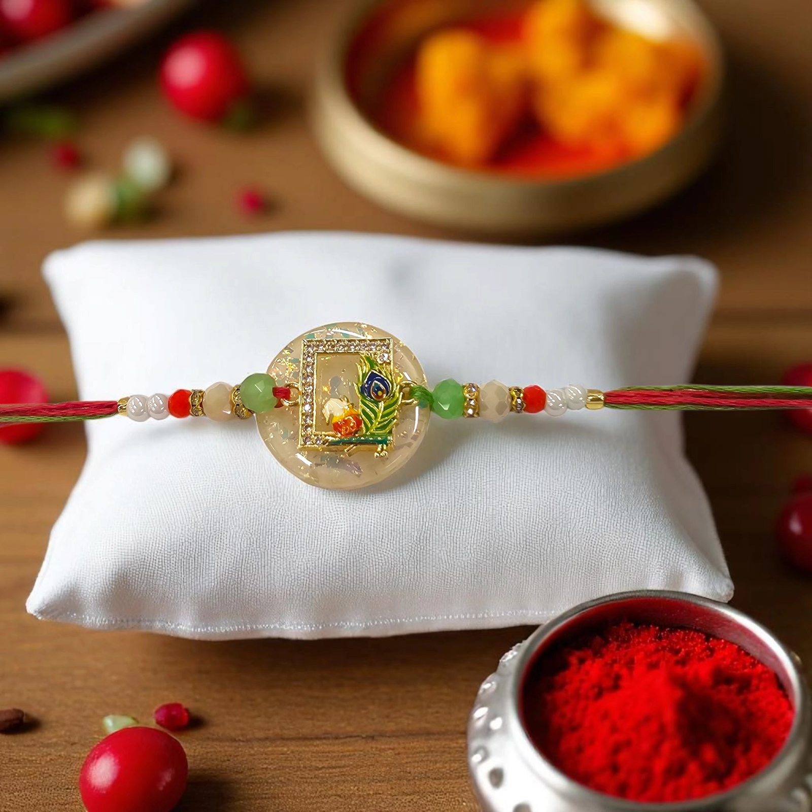 Premium designer Rakhi - Murli Krishna Premium Cz stone designer Rakhi in US | Send Rakhi to USA from India | Premium designer Rakhi - Murli Krishna