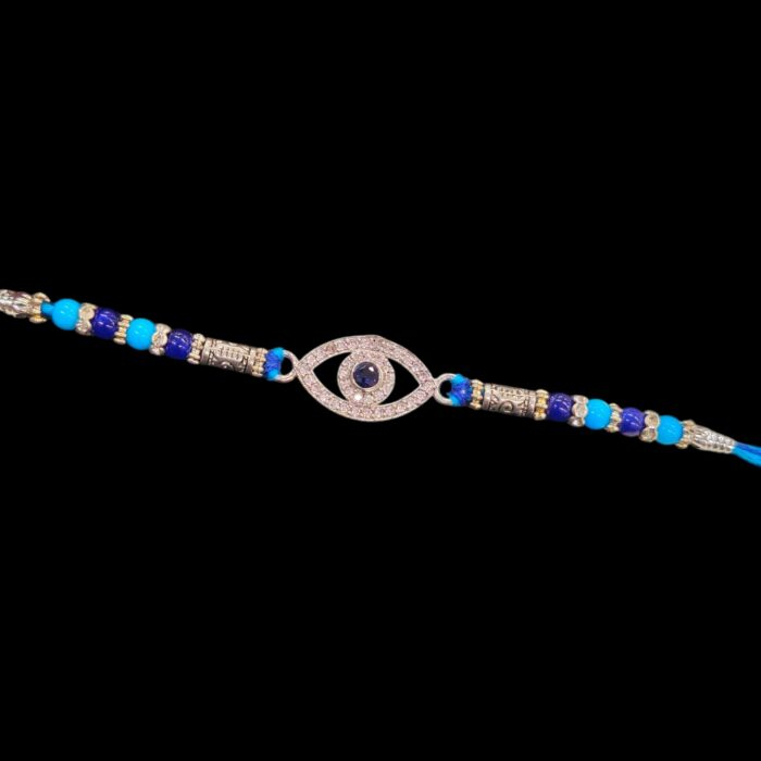 Customizable Rakhi Hamper with Pure Silver Evil Eye Rakhi, sweets, dry fruits for USA/Canada delivery