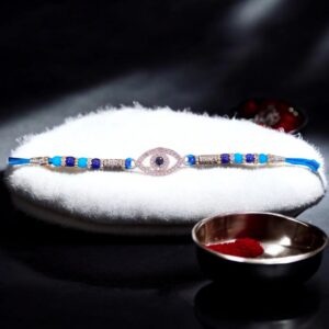Pure Silver Evil Eye Rakhi for Brother with blue stones and sterling silver band - Customizable Gift