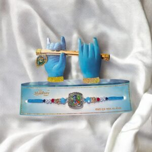 Beautiful packaging for this rakhi with krishna emblem