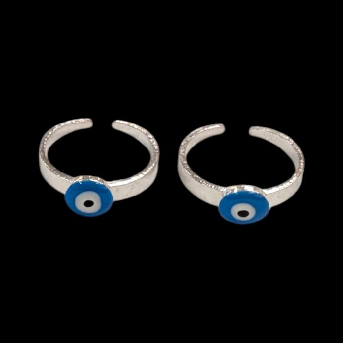 Pair of silver toe rings with evil eye