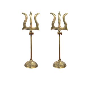 Brass Trishul with Stand - 8 inch | Pair of Brass Shiva Tridents