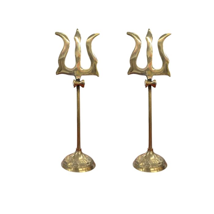 Brass Trishul with Stand - 8 inch | Pair of Brass Shiva Tridents