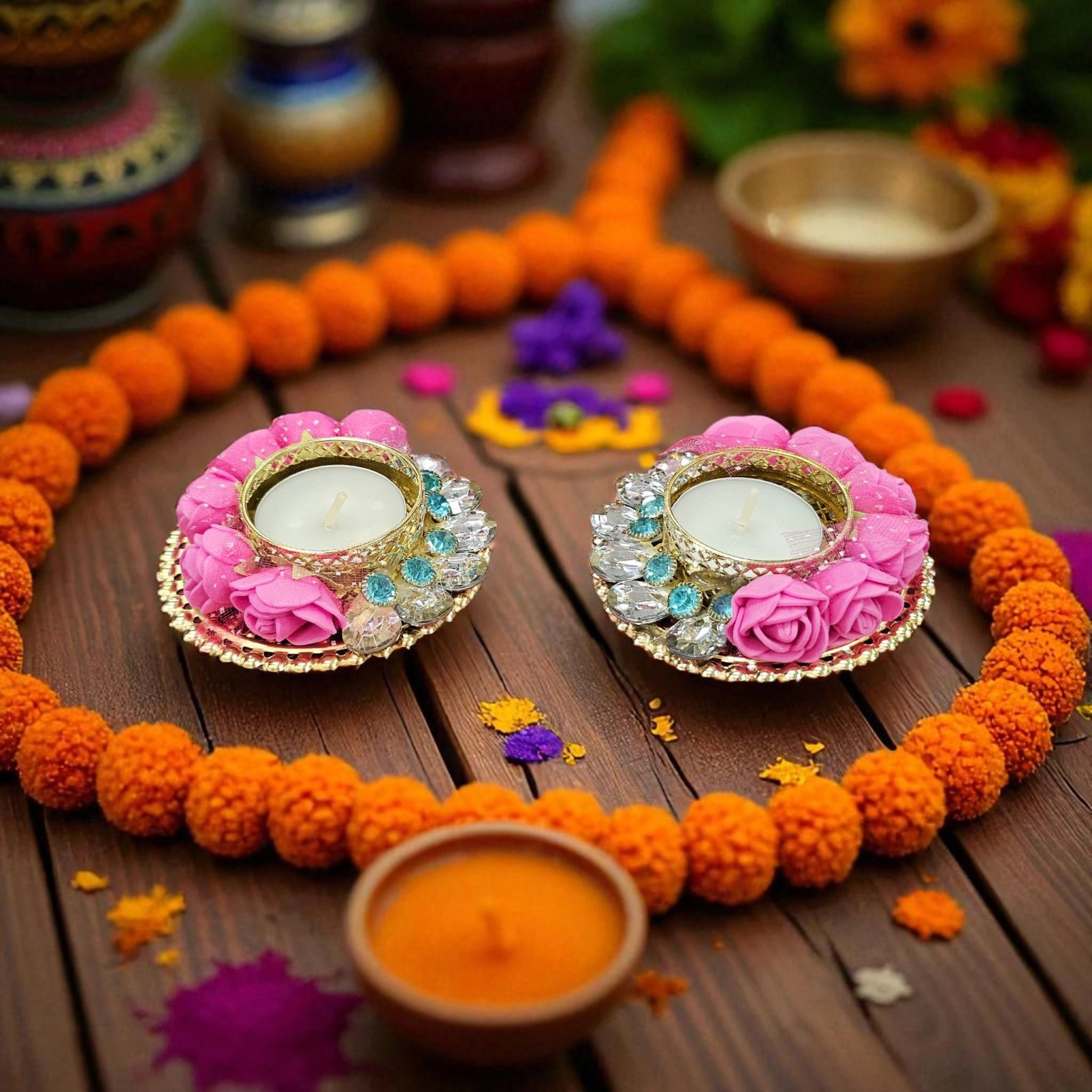 Decorative rose Diya - set of 2 | Diwali Decor