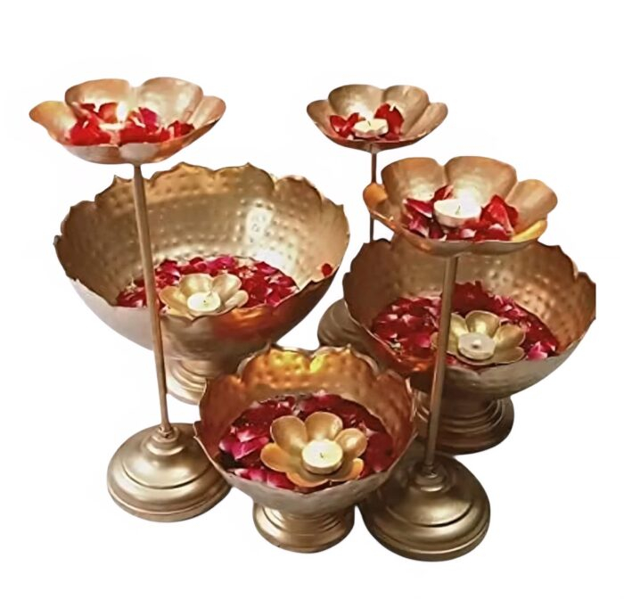 Urli set creating a warm Diwali decoration ambiance with glowing diyas | Ships in Canada and USA
