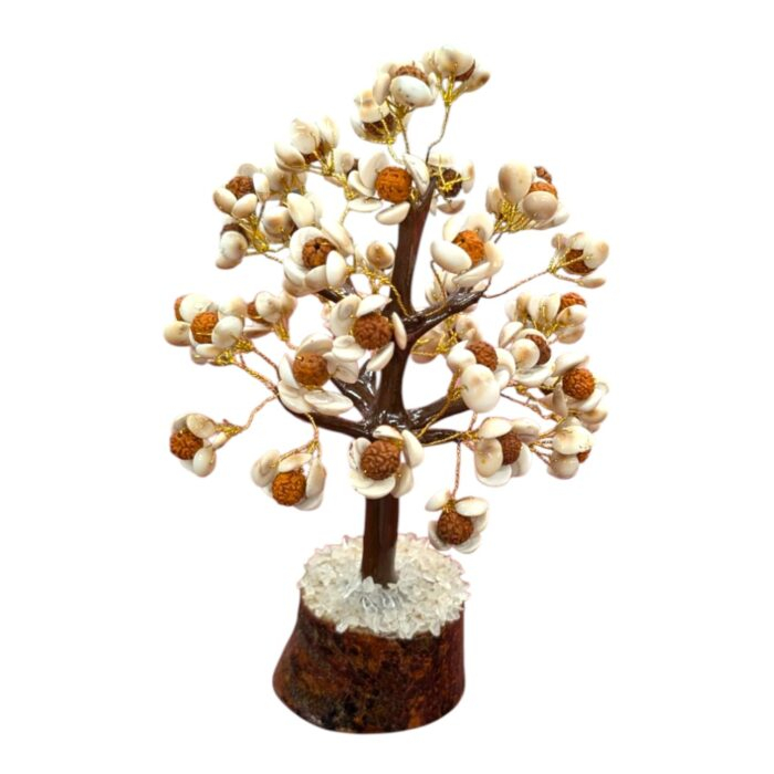 Top profile view of the large tree of life with rudraksha beads and gomti chakra