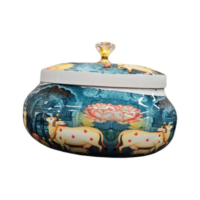 Pichwai Art Metal Container with Lid - Colorful Indian Traditional Design for Home Decor
