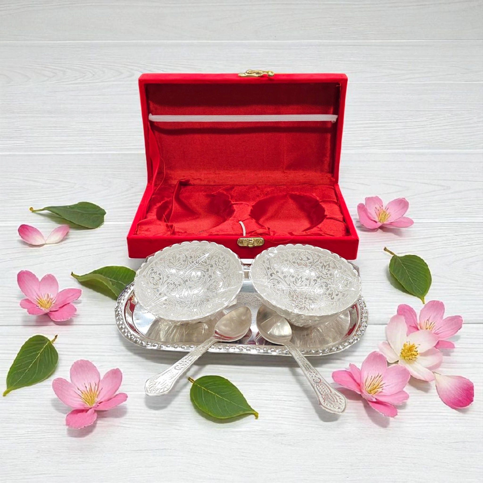 5 pc elegant silver plated Gift Set for Diwali | Mukhwas serving tray set | Return Gift Idea