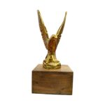 Front view of a soaring brass eagle statue showcasing its wide wingspan on a wood stand.