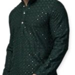 Premium cotton Sequin green kurta | Men Party wear Indian attire
