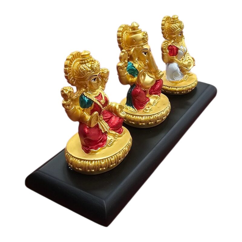 Side profile view of Gold Plated Lakshmi Ganesh Saraswati Idol | 3 inch Statue on a Platform | Diwali Gift