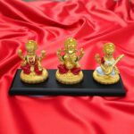 Gold Plated Lakshmi Ganesh Saraswati Idol | 3 inch Statue on a Platform