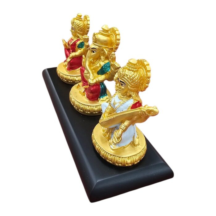 Side profile view of Gold Plated Lakshmi Ganesh Saraswati Idol | 3 inch Statue on a Platform | Diwali Gift