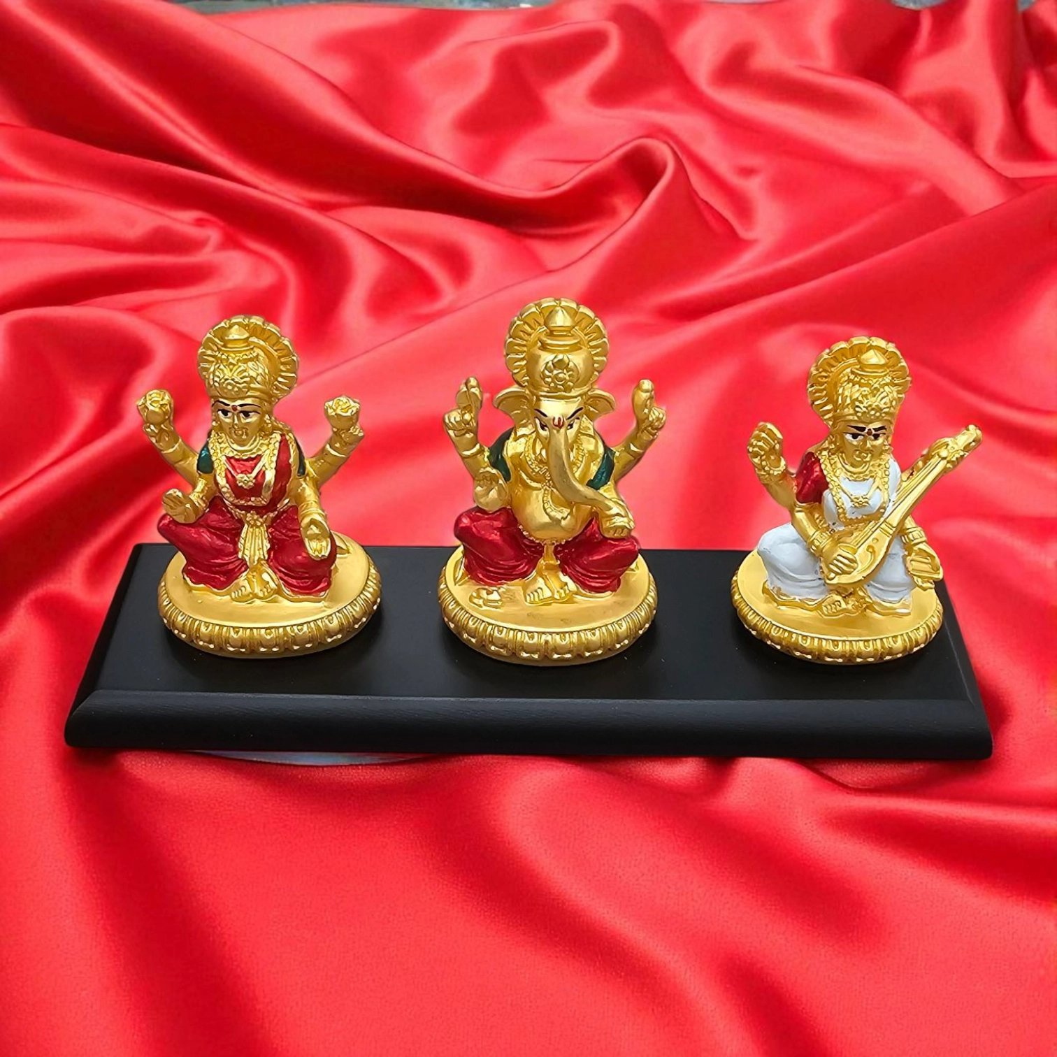 Ganesh Lakshmi Saraswati Idol Gold Plated Lakshmi Ganesh Saraswati Idol | 3 inch Statue on a Platform