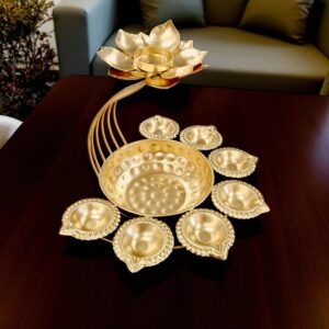Metal Lotus Tealight Candle Holder with Urli Bowl and Diya | Urli Diya set