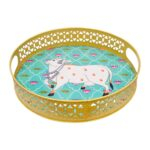 Close up of the metal Pichwai art metal tray