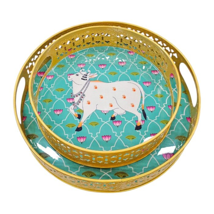 2 Metal Pichwai art work tray set | Diwali Gift