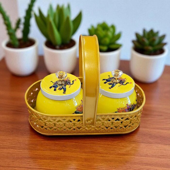 2 metal Jars Tray set with Pichwai art work with elephant | Dry fruit serving set | Diwali Gift