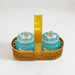 2 Container Tray set with Pichwai art work with Cow | Dry fruit serving set | Diwali Gift