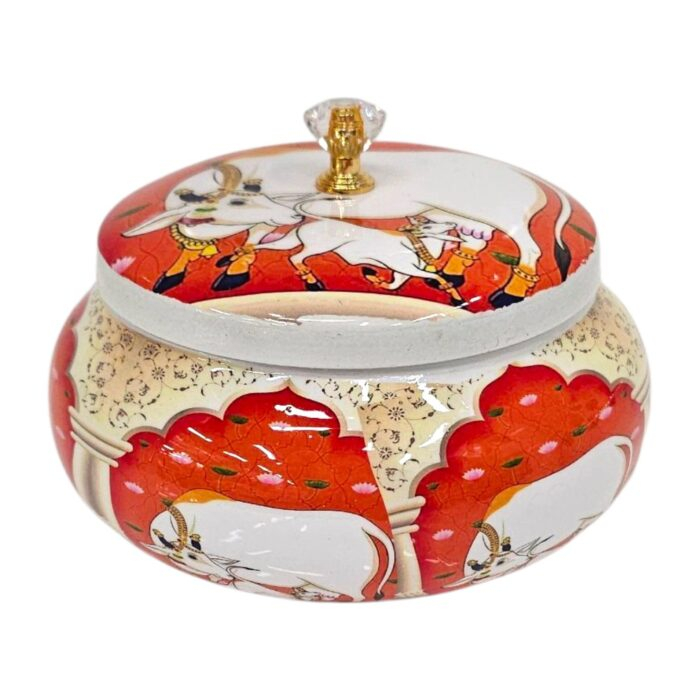 Close-Up of Intricate Hand-Painted Pichwai Artwork on Metal Jar