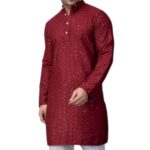 Regular fit cotton kurta in red color | Party wear men Kurta