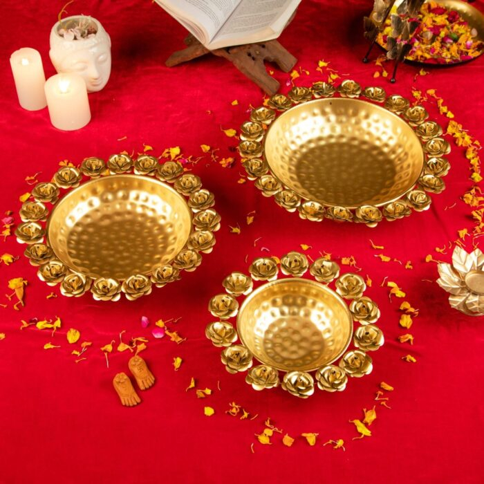 Metal urli bowl set of 3 | Rose design urli bowls