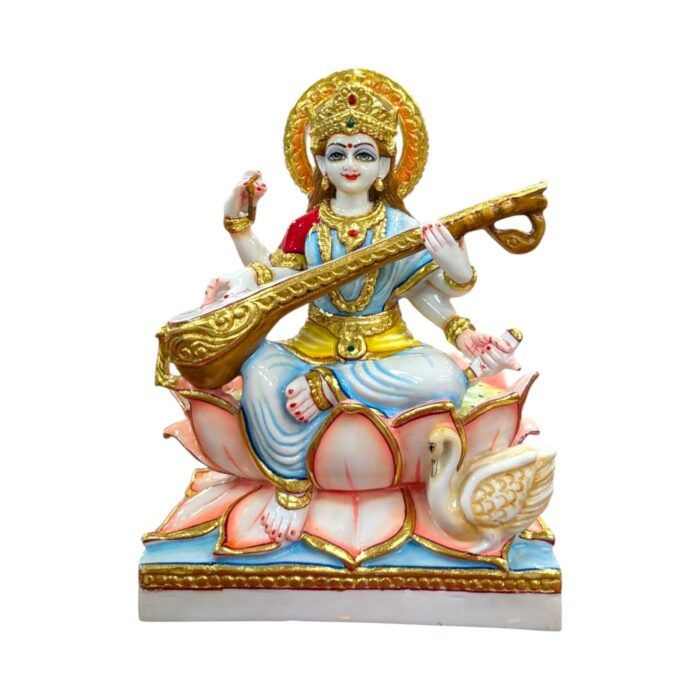 Saraswati murti on a lotus with swan