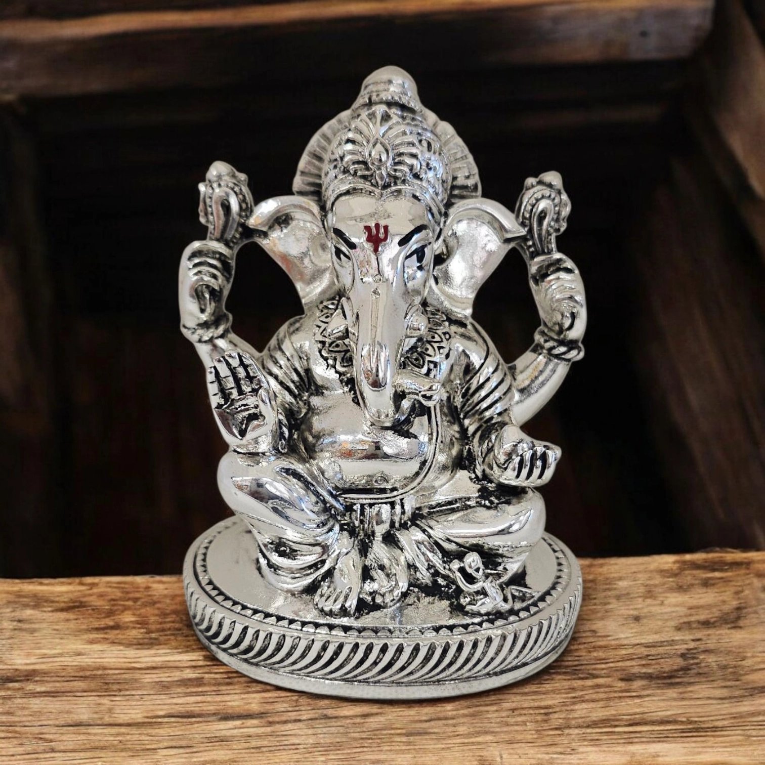Pure Silver plated Ganesha Idol - 4 inch with silver oxidized finish