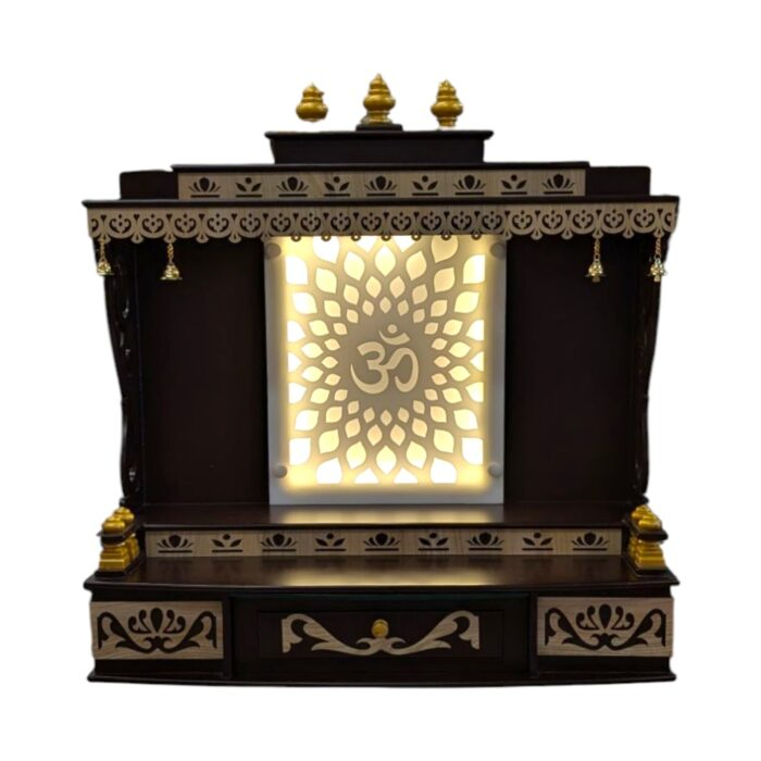 Backlit Om panel in the wooden Pooja Mandir