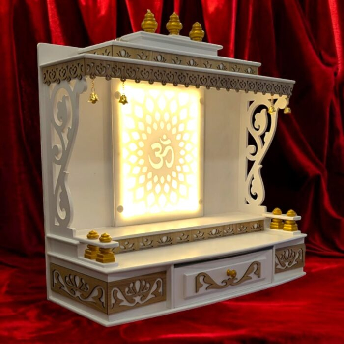 White Gold wooden mandir with Led backlit | Pooja Mandir for home temple