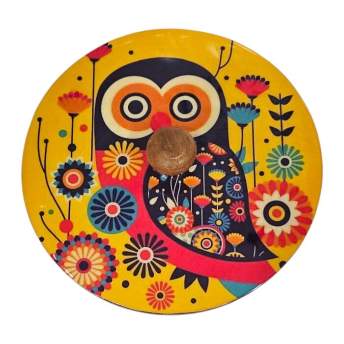 Colorful owl lid design on natural wood | Indian Chapati holder