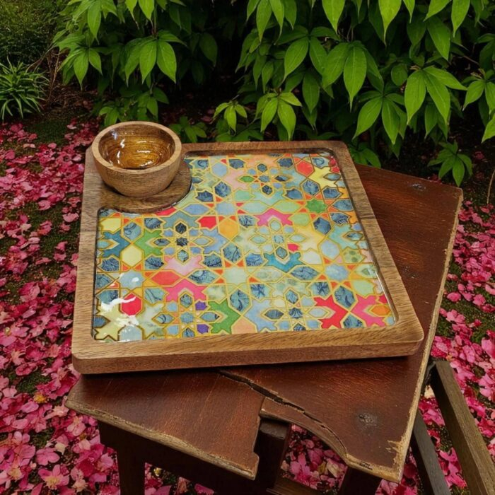 Wooden serving platter with bowl | Durable enamel coating | Diwali Gift | Christmas Gift