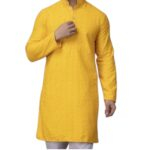 Regular fit cotton kurta in yellow color | Party wear men Kurta